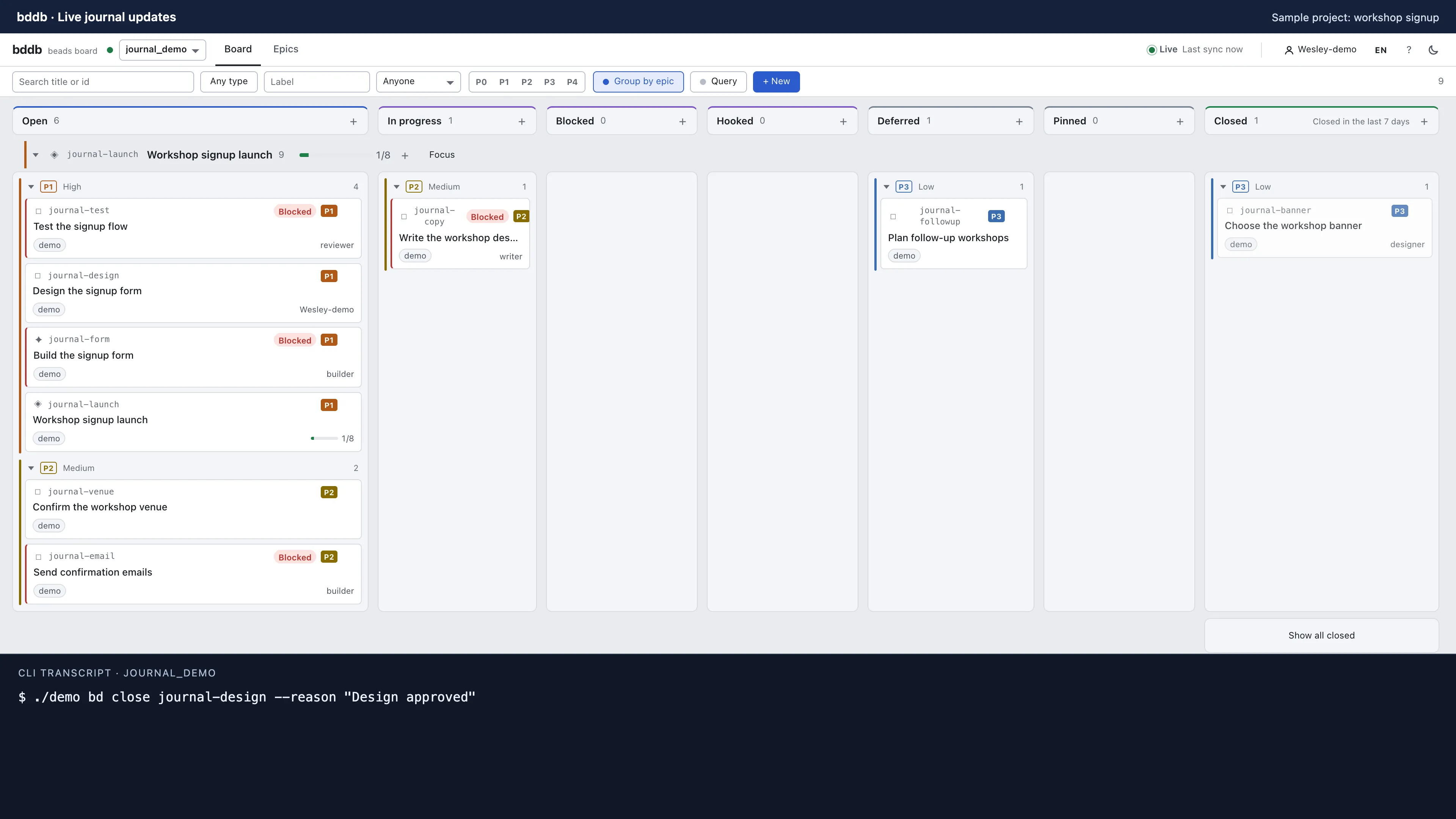 Before the CLI command runs, the sample design task is open and the form task has a Blocked badge.