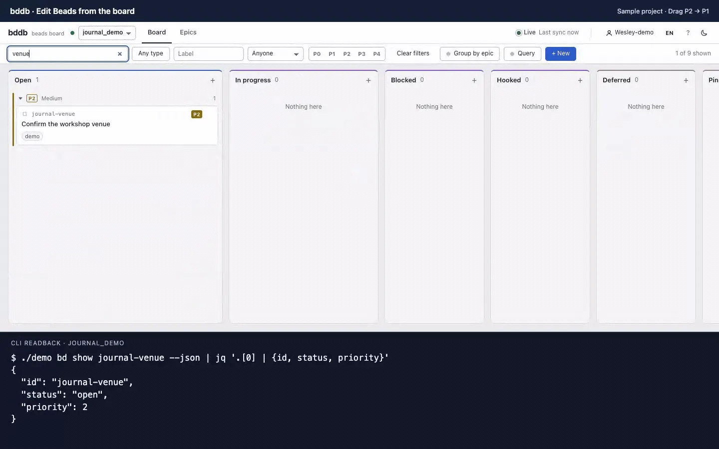 Dragging a sample task from P2 to P1 in bddb changes its saved priority, confirmed by reading the task back through the CLI.