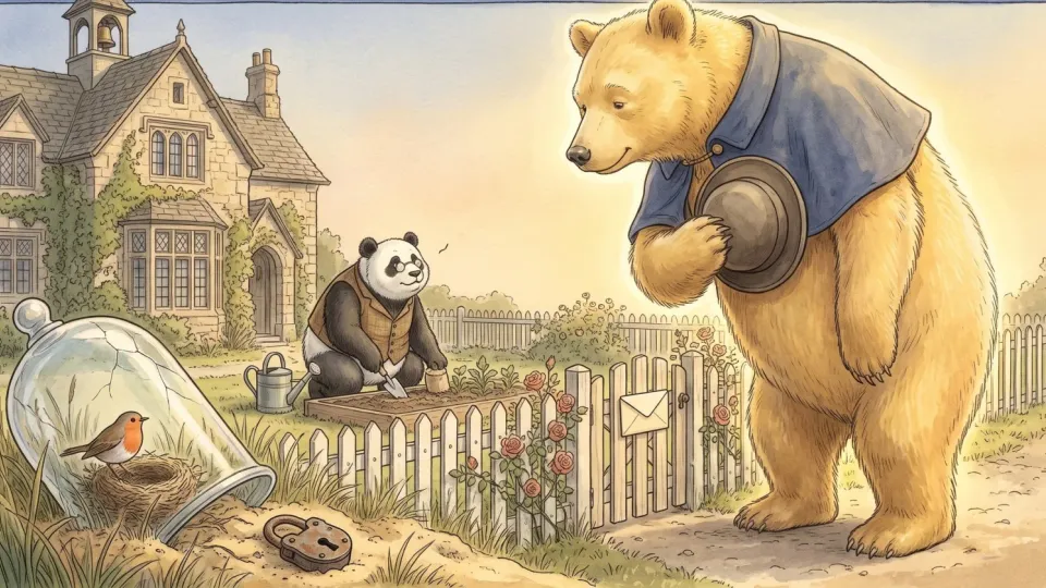 A colossal golden bear, hat in paw, waits politely at a knee-high white picket fence while a panda in a waistcoat gardens inside; a cracked glass bell jar lies discarded nearby.