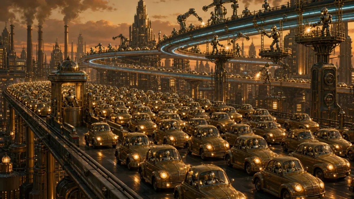 Brass robot-driven cars jam an elevated freeway at dusk, queued at a single toll booth, while robot workers build a glowing multi-lane interchange overhead.