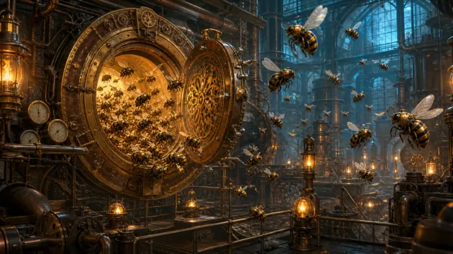 A retrofuturist brass release gate opening as a swarm of mechanical bees pours into a gas-lit factory.