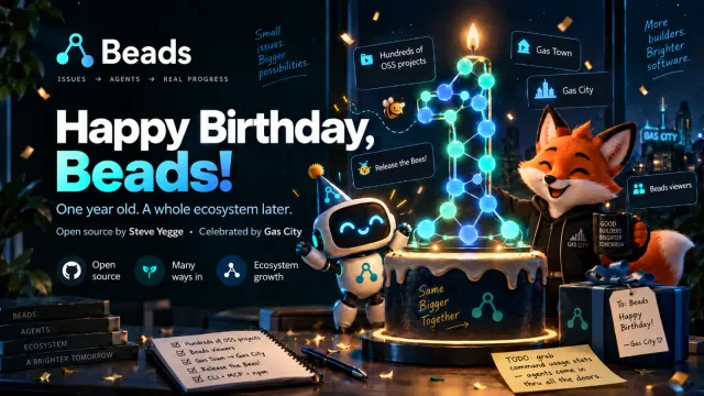 A neon “Happy Birthday, Beads!” banner beside a cake topped with a glowing number one built from connected beads, with a smiling robot and a fox in a Gas City hoodie celebrating at a desk.