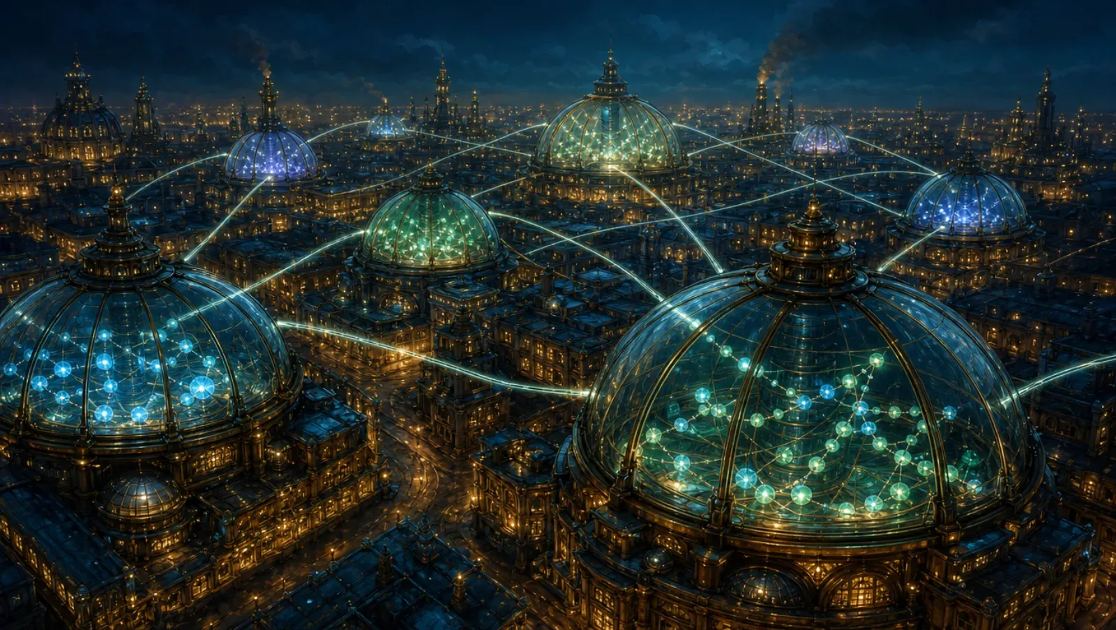 A night cityscape of separate glass-domed archives, each holding its own cluster of glowing beads, with bright threads arcing over the rooftops between beads in different domes.