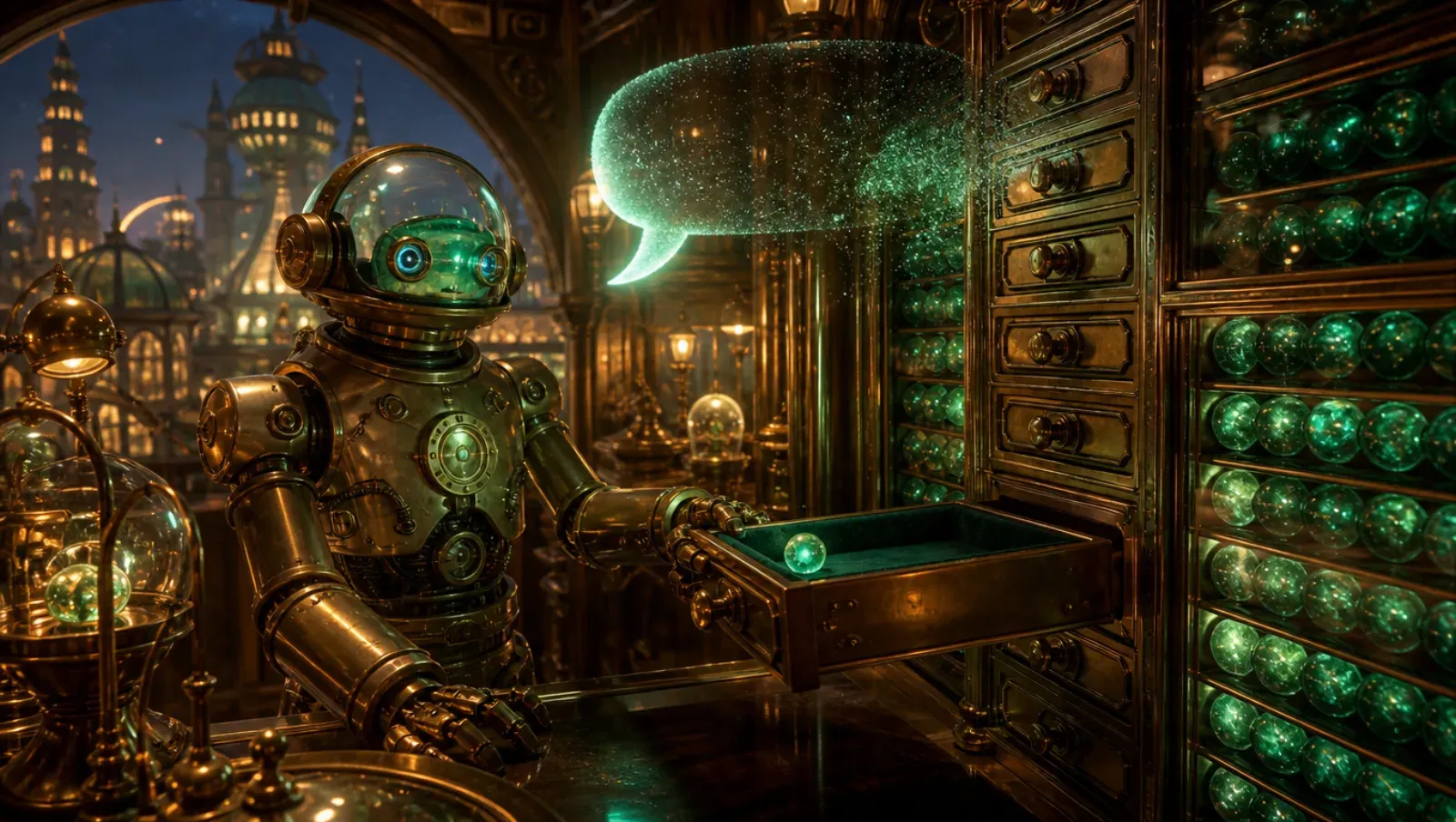 A brass robot agent sets a glowing green bead into a velvet-lined drawer of a tall cabinet full of green beads while a speech bubble behind it dissolves into sparks.